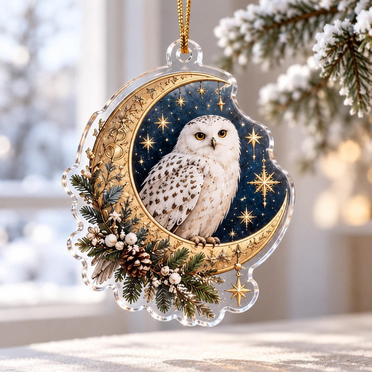 Owl Familiar Witchy Acrylic Ornament Set – Moon Yule Christmas Decor – Snowy Owl Crescent ornament