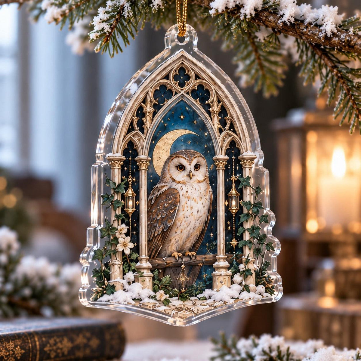 Owl Familiar Witchy Acrylic Ornament Set – Moon Yule Christmas Decor – Gothic Window Owl ornament