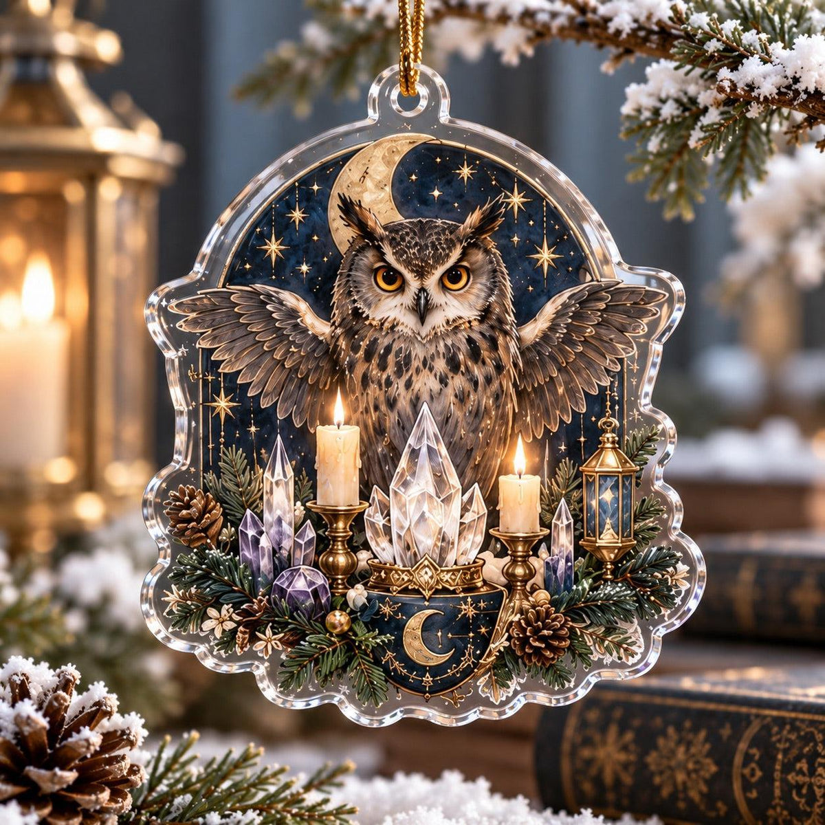 Owl Familiar Witchy Acrylic Ornament Set – Moon Yule Christmas Decor – Candle Crystal Owl ornament