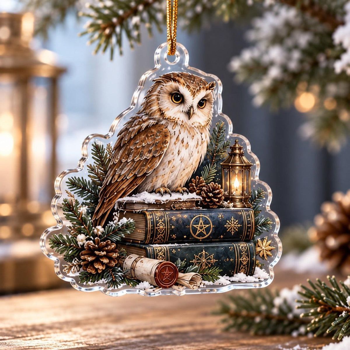 Owl Familiar Witchy Acrylic Ornament Set – Moon Yule Christmas Decor – Spellbook Owl ornament