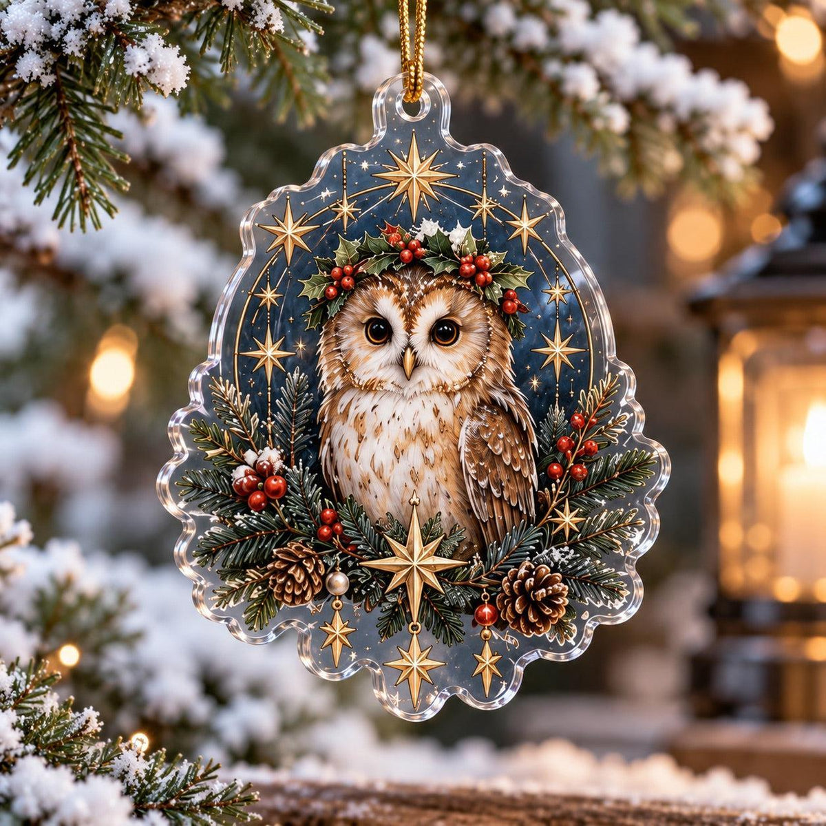 Owl Familiar Witchy Acrylic Ornament Set – Moon Yule Christmas Decor – Holly Crown Owl ornament