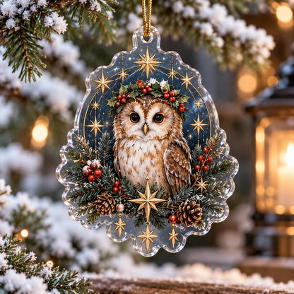 Owl Familiar Witchy Acrylic Ornament Set – Moon Yule Christmas Decor – Holly Crown Owl ornament