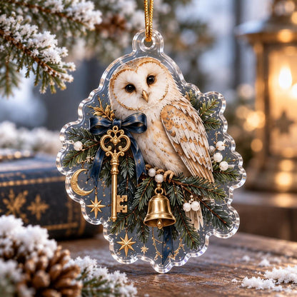 Owl Familiar Witchy Acrylic Ornament Set – Moon Yule Christmas Decor – Golden Key Owl ornament