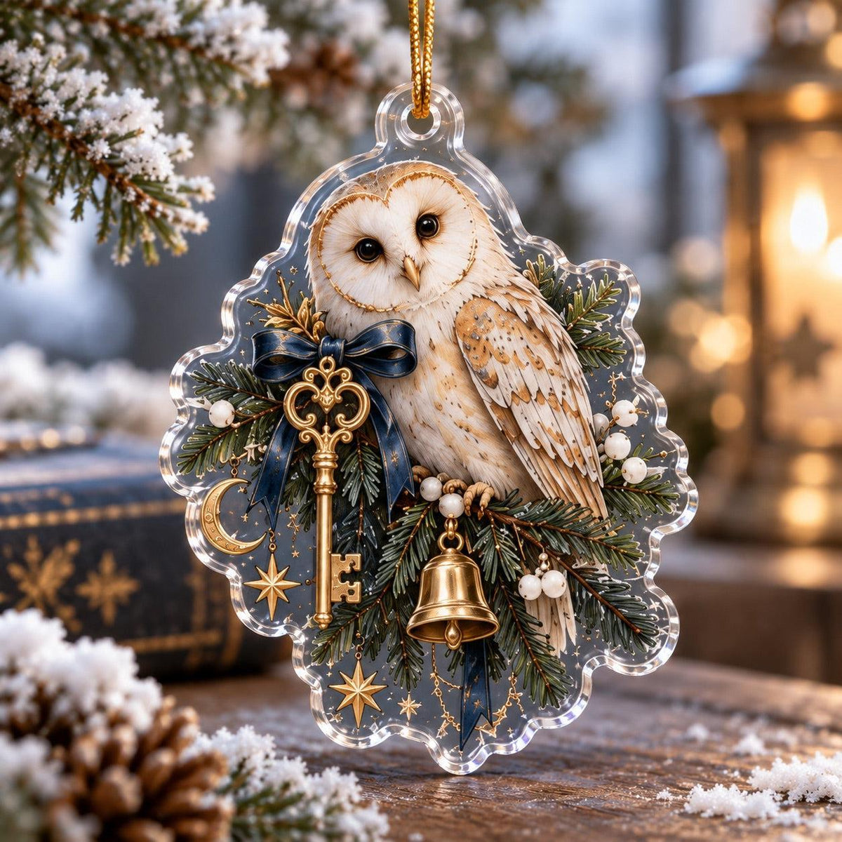 Owl Familiar Witchy Acrylic Ornament Set – Moon Yule Christmas Decor – Golden Key Owl ornament