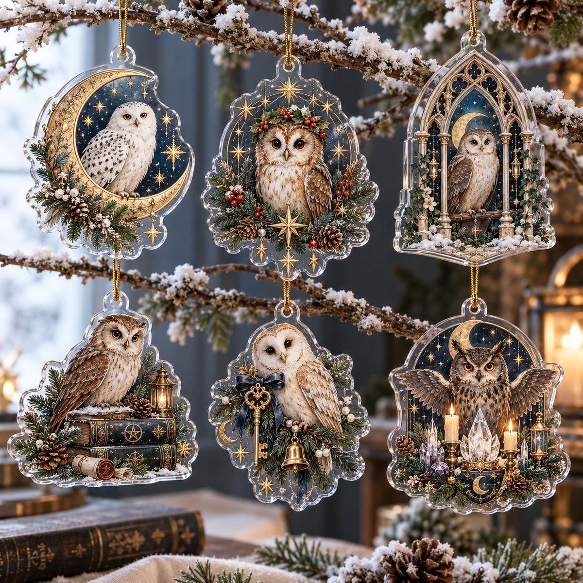Owl Familiar Witchy Acrylic Ornament Set – Moon Yule Christmas Decor – set of 6, another view