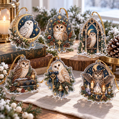 Owl Familiar Witchy Acrylic Ornament Set – Moon Yule Christmas Decor – set of 6, another view