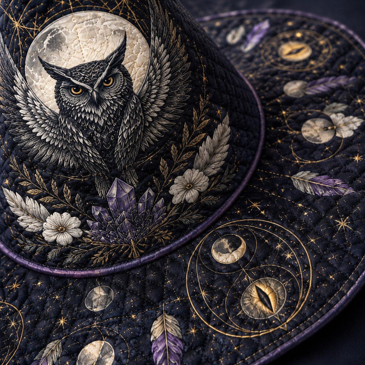 Owl Feather Witch Hat – Celestial Full Moon Wiccan Wide Brim Hat – quilting and print detail