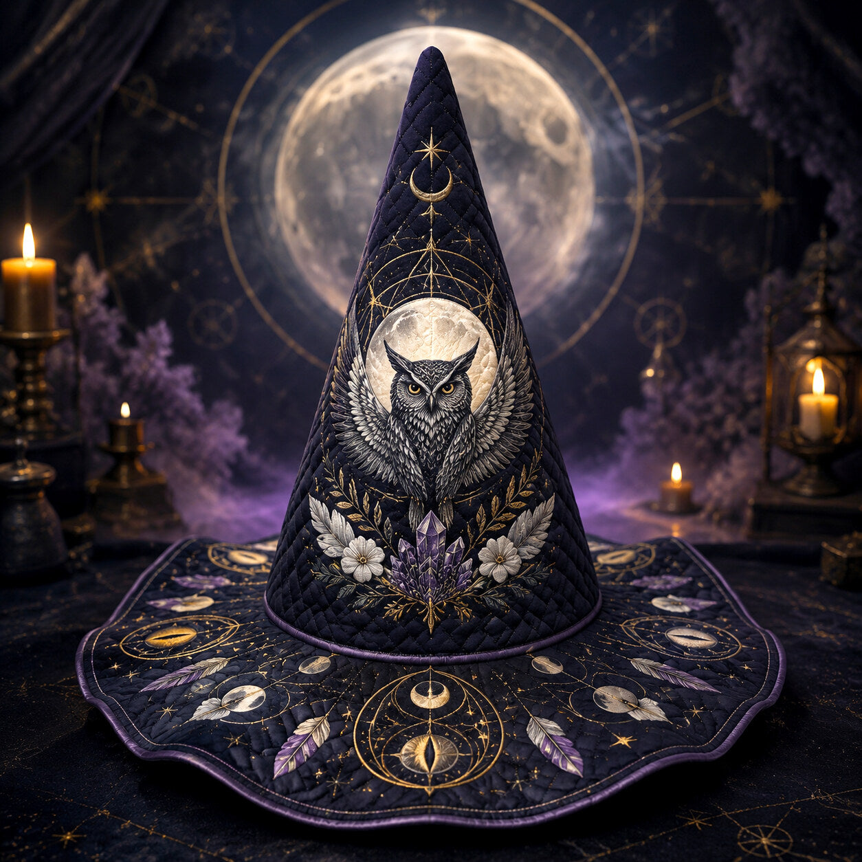 Owl Feather Witch Hat – Celestial Full Moon Wiccan Wide Brim Hat – on an altar table