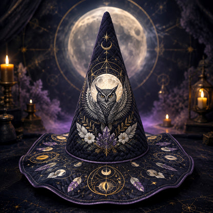 Owl Feather Witch Hat – Celestial Full Moon Wiccan Wide Brim Hat – on an altar table