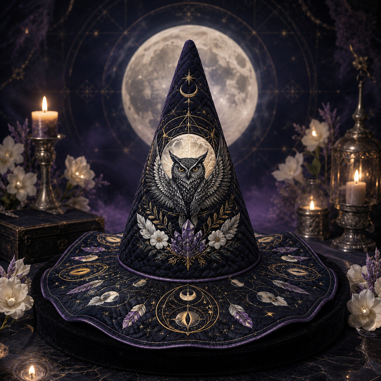 Owl Feather Witch Hat – Celestial Full Moon Wiccan Wide Brim Hat – styled with candles and crystals