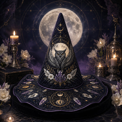Owl Feather Witch Hat – Celestial Full Moon Wiccan Wide Brim Hat – styled with candles and crystals
