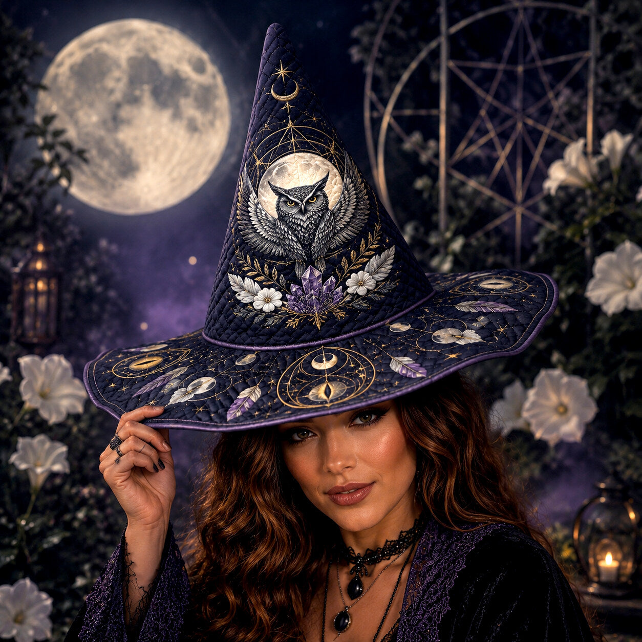 Owl Feather Witch Hat – Celestial Full Moon Wiccan Wide Brim Hat – worn, front view