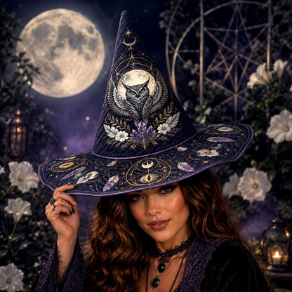 Owl Feather Witch Hat – Celestial Full Moon Wiccan Wide Brim Hat – worn, front view