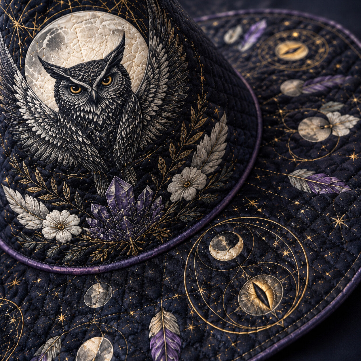 Owl Feather Witch Hat – Celestial Full Moon Wiccan Wide Brim Hat – quilting and print detail