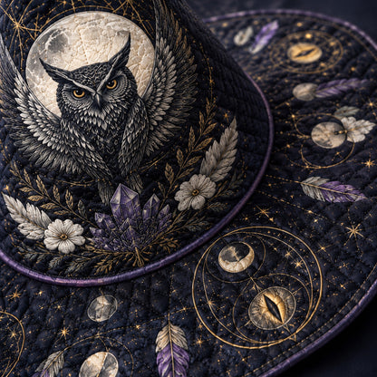 Owl Feather Witch Hat – Celestial Full Moon Wiccan Wide Brim Hat – quilting and print detail