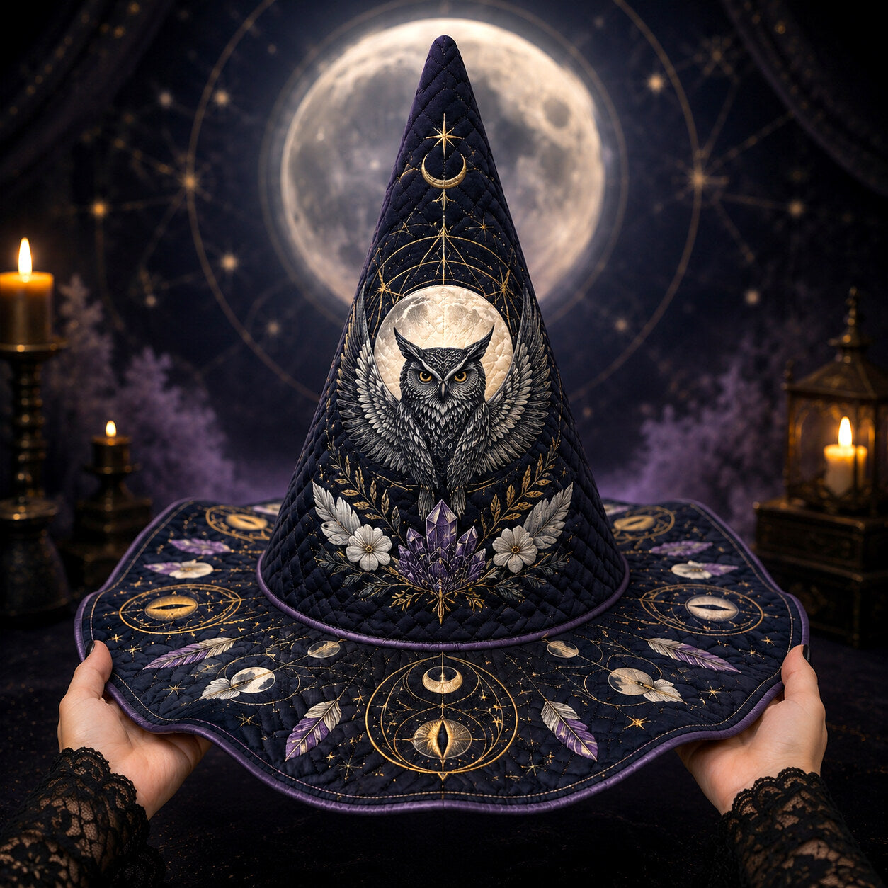 Owl Feather Witch Hat – Celestial Full Moon Wiccan Wide Brim Hat – held in both hands