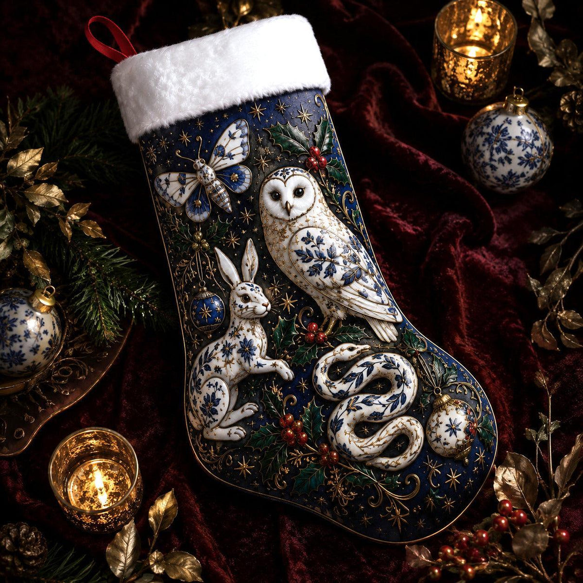 Owl Hare And Snake Christmas Stocking Blue Willow Folk Decor