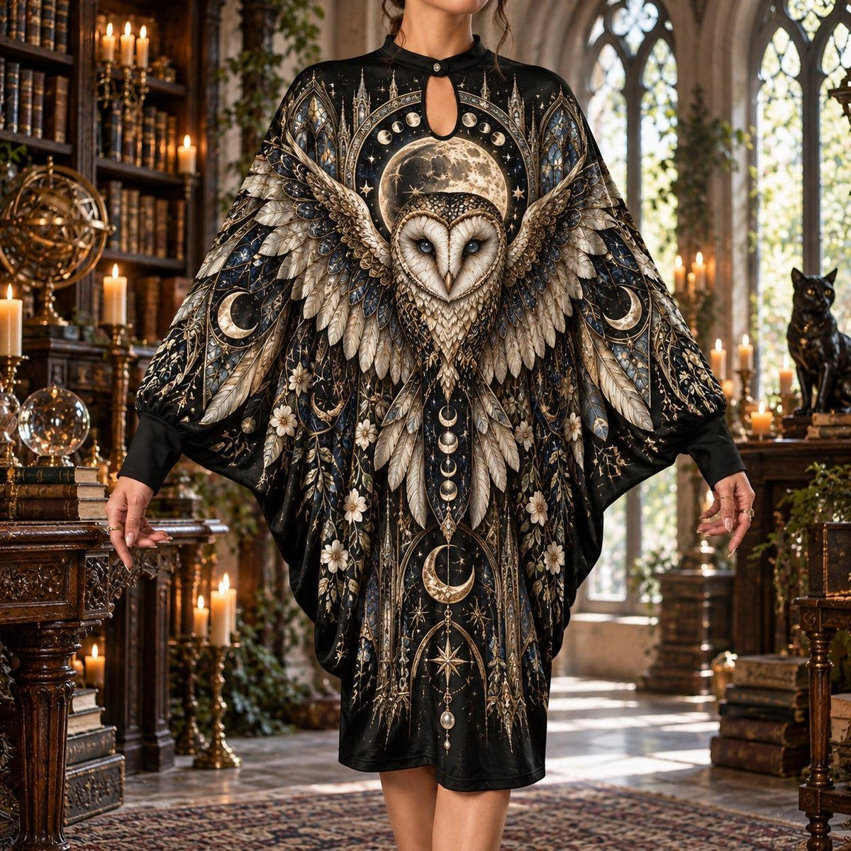 Owl Moon Cathedral Gothic Batwing Dress – Witchy Moon Phase Midi – worn, front view