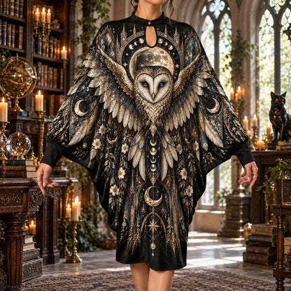 Owl Moon Cathedral Gothic Batwing Dress – Witchy Moon Phase Midi – worn, front view