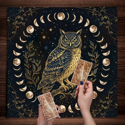 Black gold owl moon phase tarot mat – Pagan lunar ritual cloth for shadow work and meditation