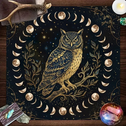 Owl and Moon Phase Altar Cloth black gold night sky – Wiccan tarot meditation ritual mat