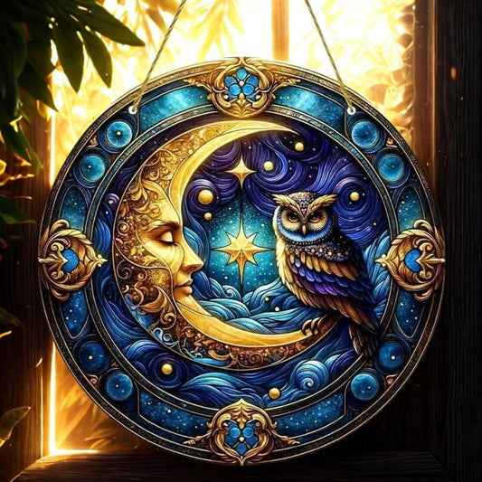 Owl Moon Suncatcher Celestial Acrylic Round Sign Aesthetic Home Decor-MoonChildWorld