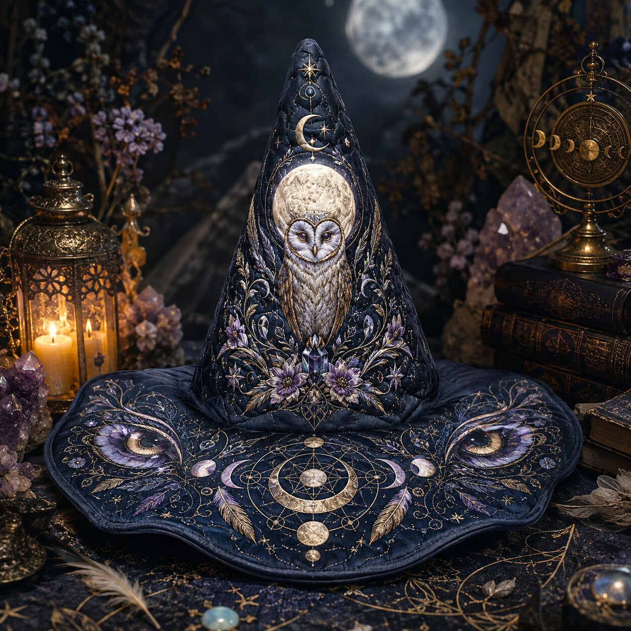 Owl Moon Witch Hat – Celestial Owl Wiccan Wide Brim Hat – on an altar table
