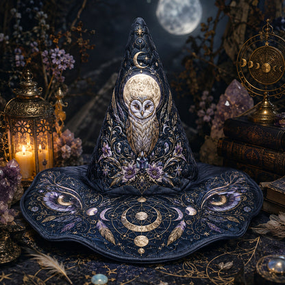 Owl Moon Witch Hat – Celestial Owl Wiccan Wide Brim Hat – on an altar table