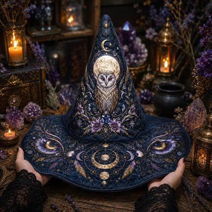 Owl Moon Witch Hat – Celestial Owl Wiccan Wide Brim Hat – worn, front view