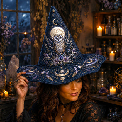 Owl Moon Witch Hat – Celestial Owl Wiccan Wide Brim Hat – quilting and print detail