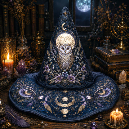 Owl Moon Witch Hat – Celestial Owl Wiccan Wide Brim Hat – held in both hands