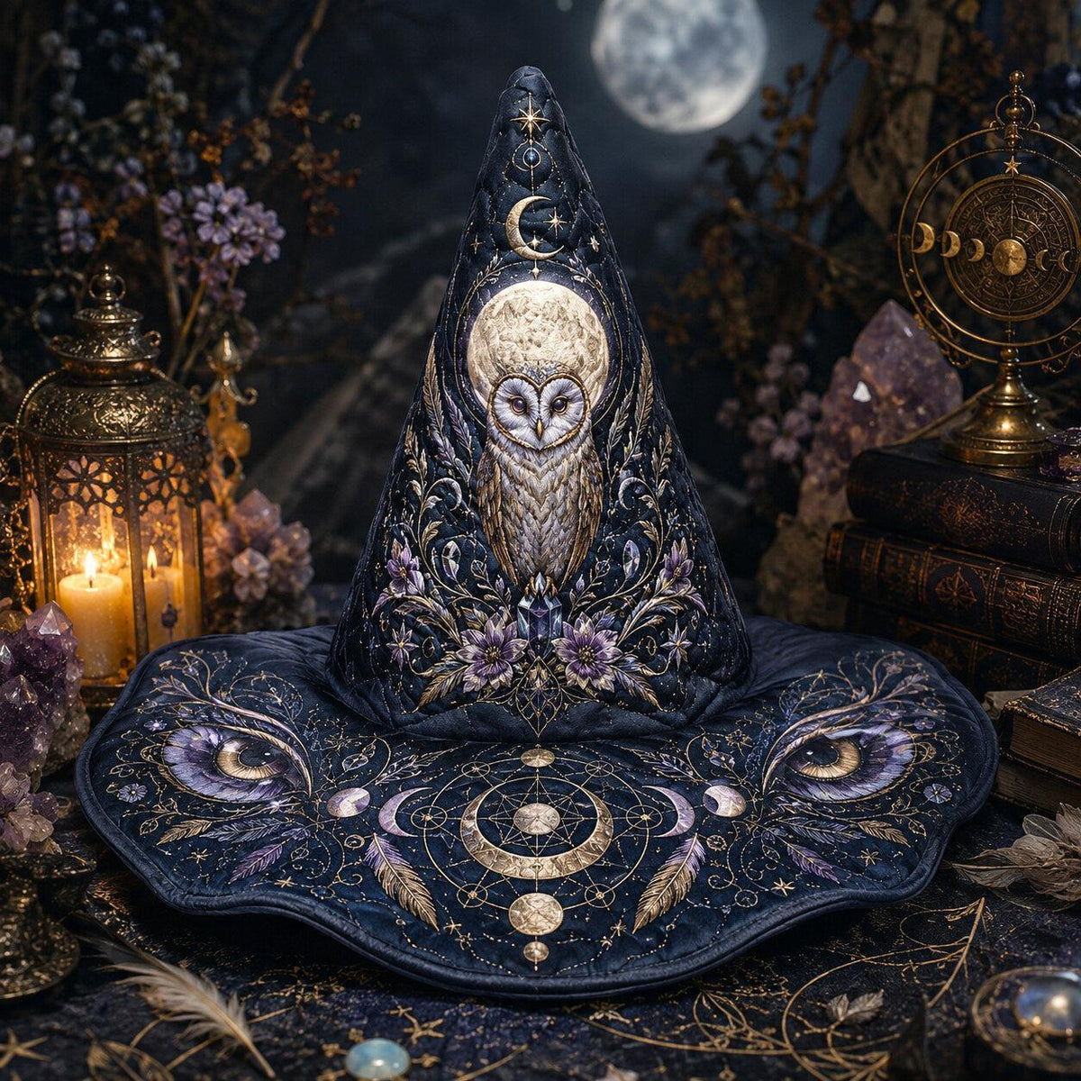 Owl Moon Witch Hat – Celestial Owl Wiccan Wide Brim Hat – on an altar table