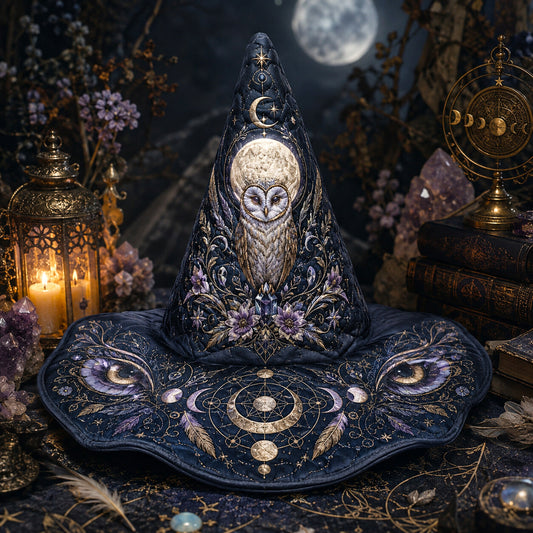 Owl Moon Witch Hat – Celestial Owl Wiccan Wide Brim Hat – on an altar table