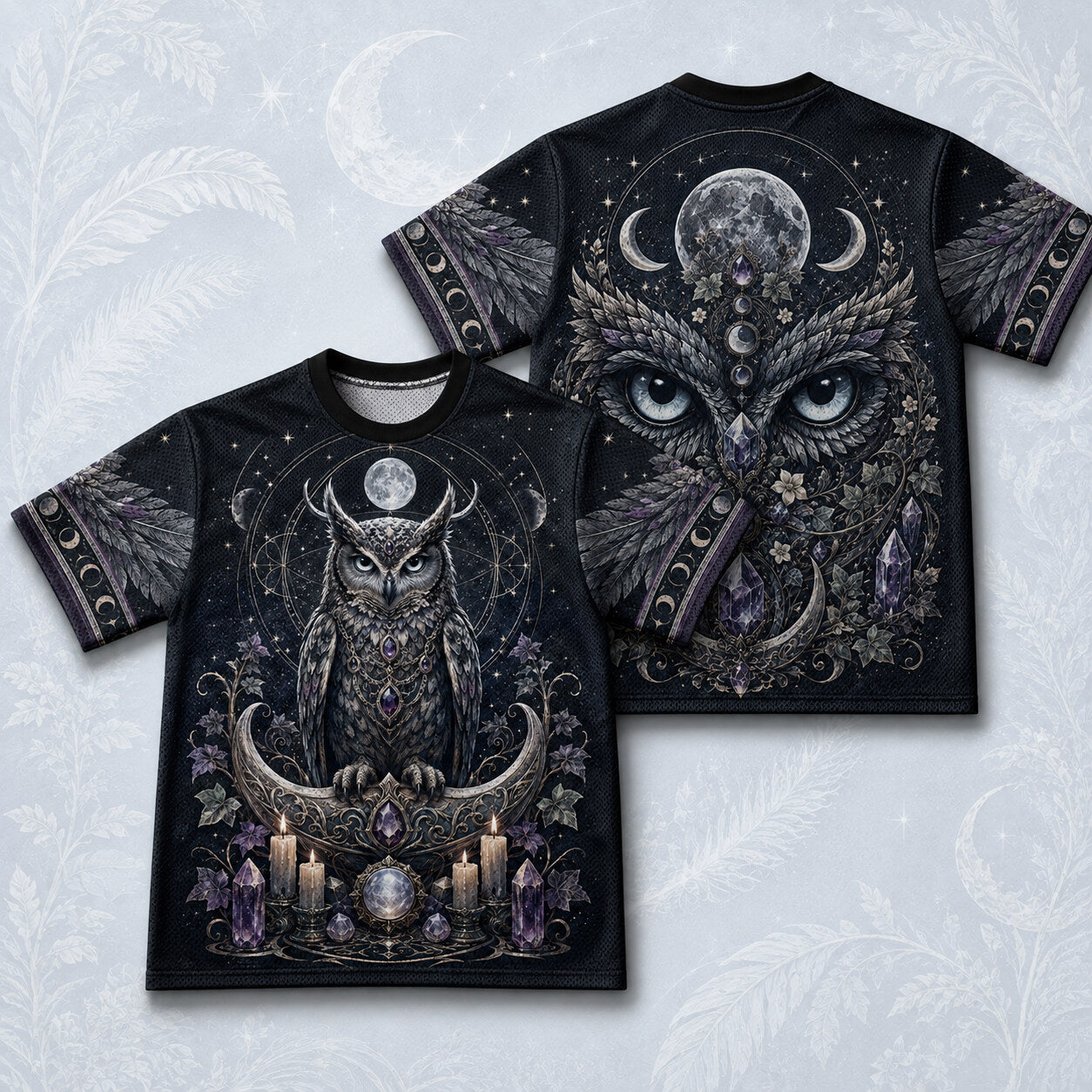 Owl On Crescent Moon T-Shirt Candle Crystal Gothic Witch Tee front and back together