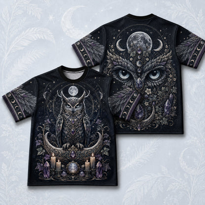 Owl On Crescent Moon T-Shirt Candle Crystal Gothic Witch Tee front and back together