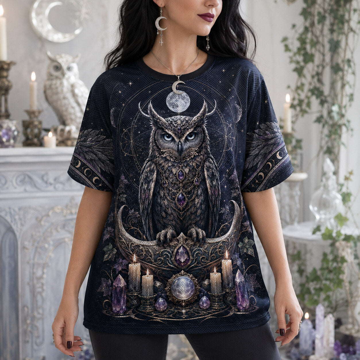 Owl On Crescent Moon T-Shirt Candle Crystal Gothic Witch Tee worn, front view