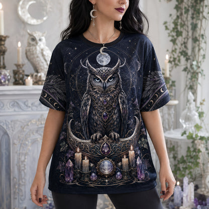 Owl On Crescent Moon T-Shirt Candle Crystal Gothic Witch Tee worn, front view
