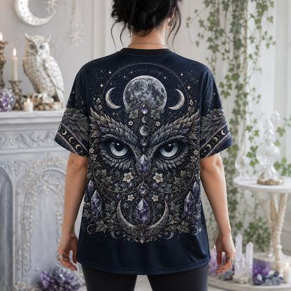 Owl On Crescent Moon T-Shirt Candle Crystal Gothic Witch Tee worn, back view