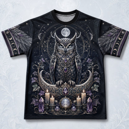 Owl On Crescent Moon T-Shirt Candle Crystal Gothic Witch Tee front view