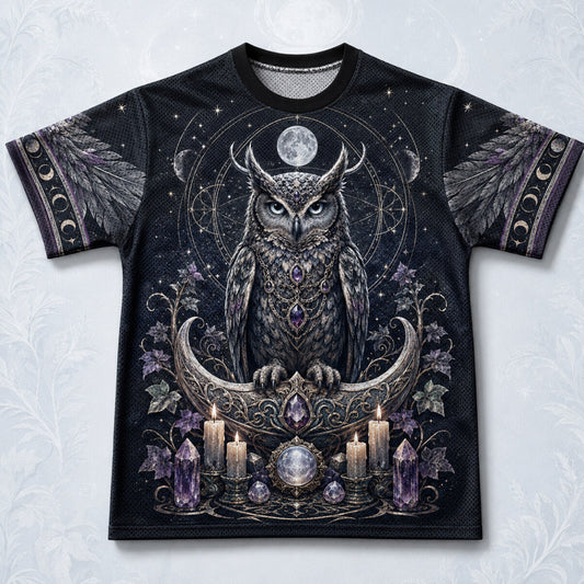 Owl On Crescent Moon T-Shirt Candle Crystal Gothic Witch Tee front view