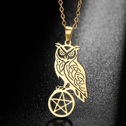 Owl Pentacle Necklace – gold-color and steel-color variants
