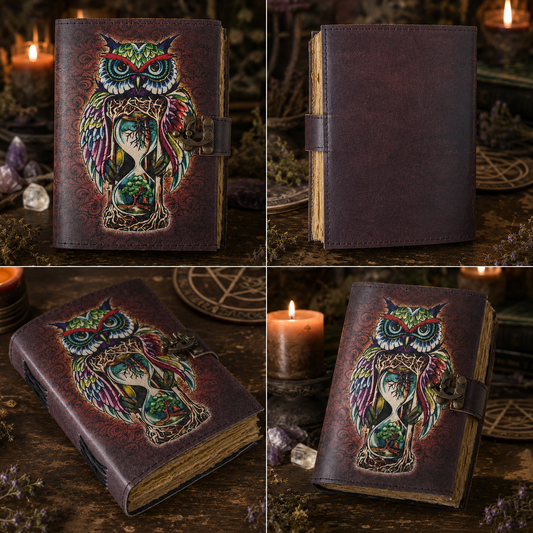 Owl printed leather journal with lock – handmade witch grimoire book of shadows, colorful owl cover, view 2