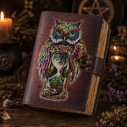 Owl printed leather journal with lock – handmade witch grimoire book of shadows, colorful owl cover, view 3