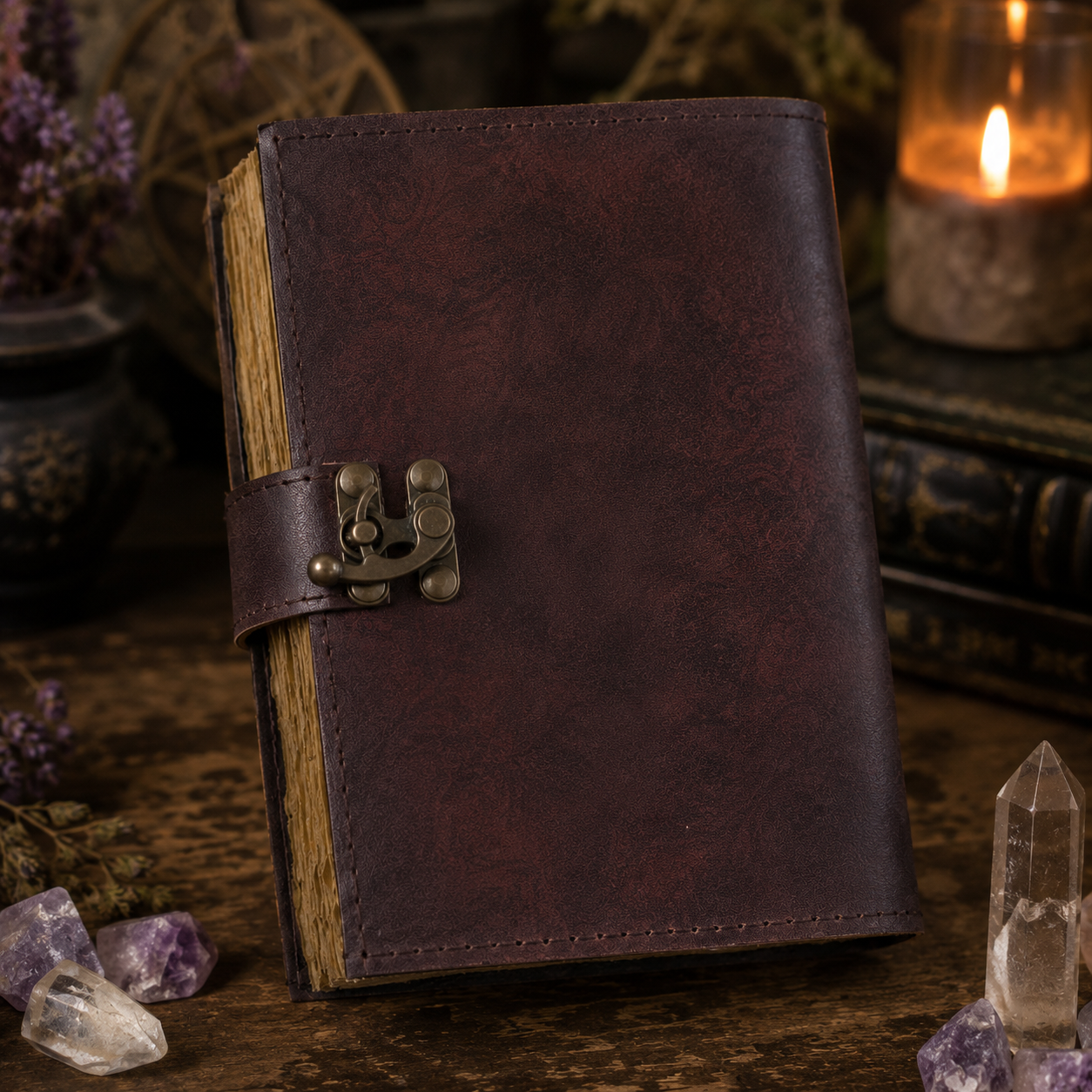 Owl printed leather journal with lock – handmade witch grimoire book of shadows, colorful owl cover, view 4