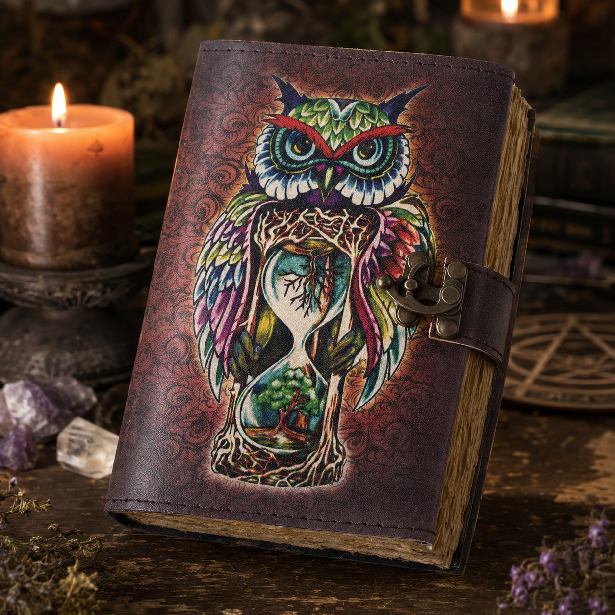 Owl printed leather journal with lock – handmade witch grimoire book of shadows, colorful owl cover, view 1