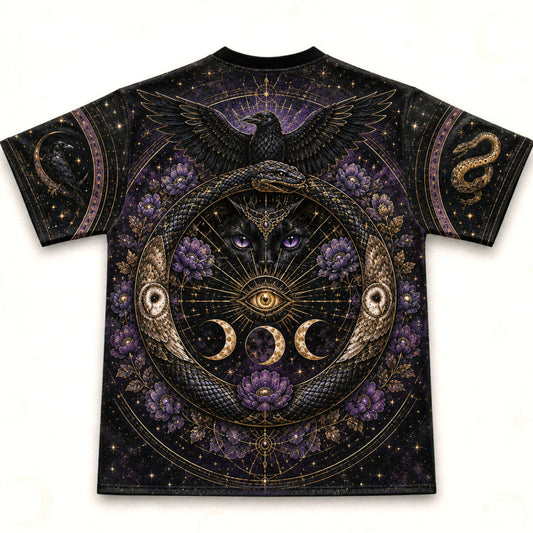 Owl Raven Black Cat Witch T-Shirt Serpent Familiar Gothic Tee back view