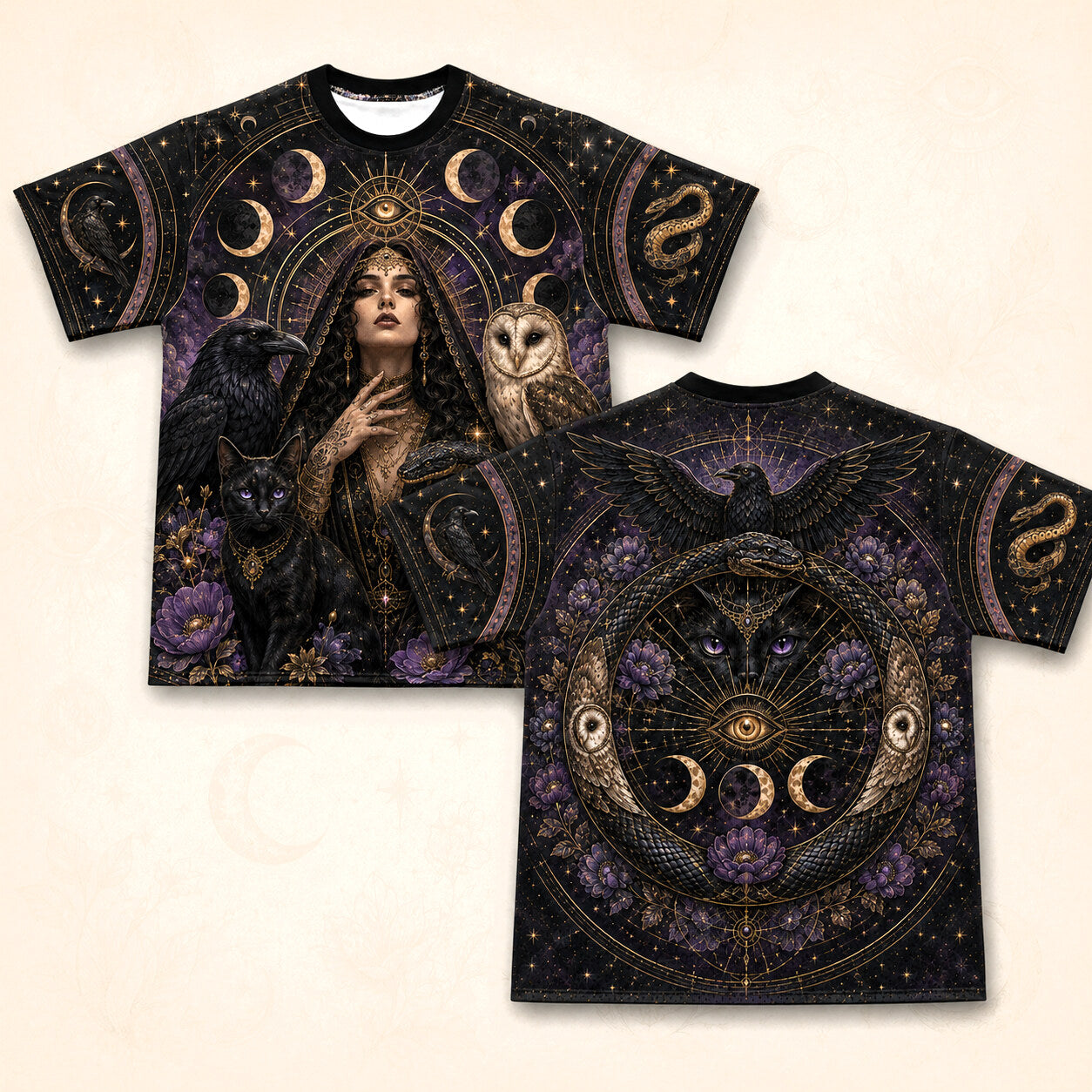 Owl Raven Black Cat Witch T-Shirt Serpent Familiar Gothic Tee front and back together