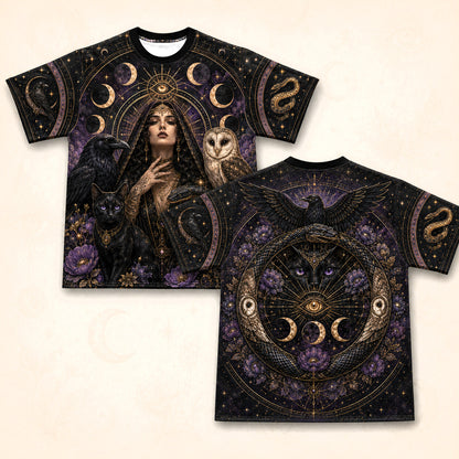 Owl Raven Black Cat Witch T-Shirt Serpent Familiar Gothic Tee front and back together