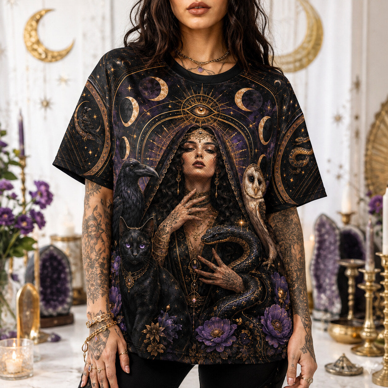 Owl Raven Black Cat Witch T-Shirt Serpent Familiar Gothic Tee worn, front view