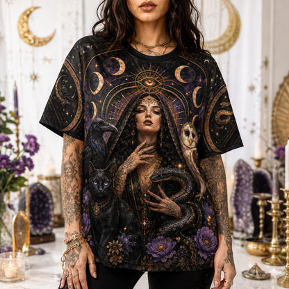 Owl Raven Black Cat Witch T-Shirt Serpent Familiar Gothic Tee worn, front view